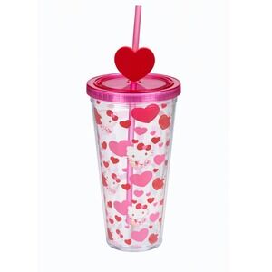 Hello Kitty 24oz Tumbler Straw Pink Hearts Silver Buffalo Cup - NEW